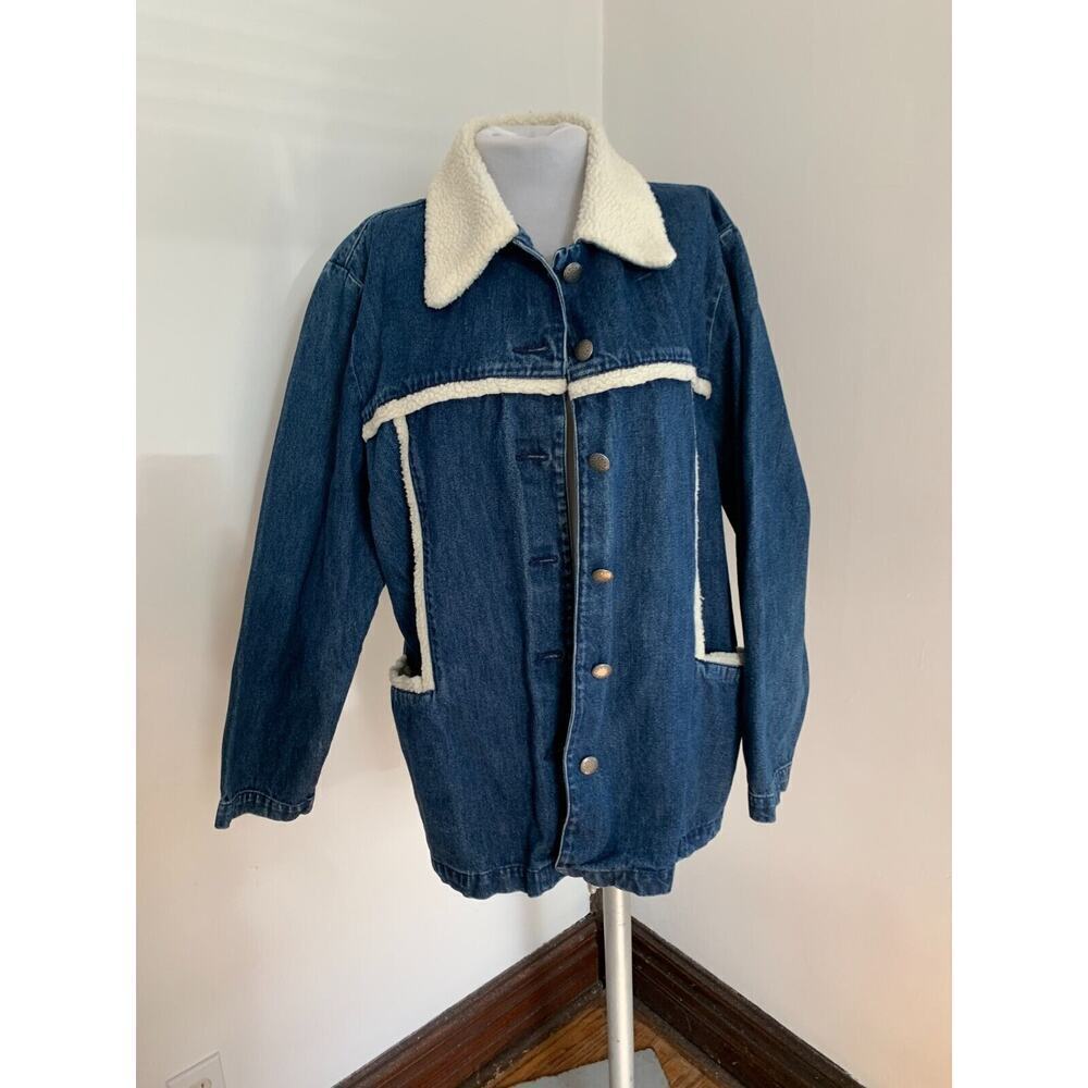 VTG Blue Denim Chore Jacket Coat Sherpa Shearling Womens XL Button Western Jean